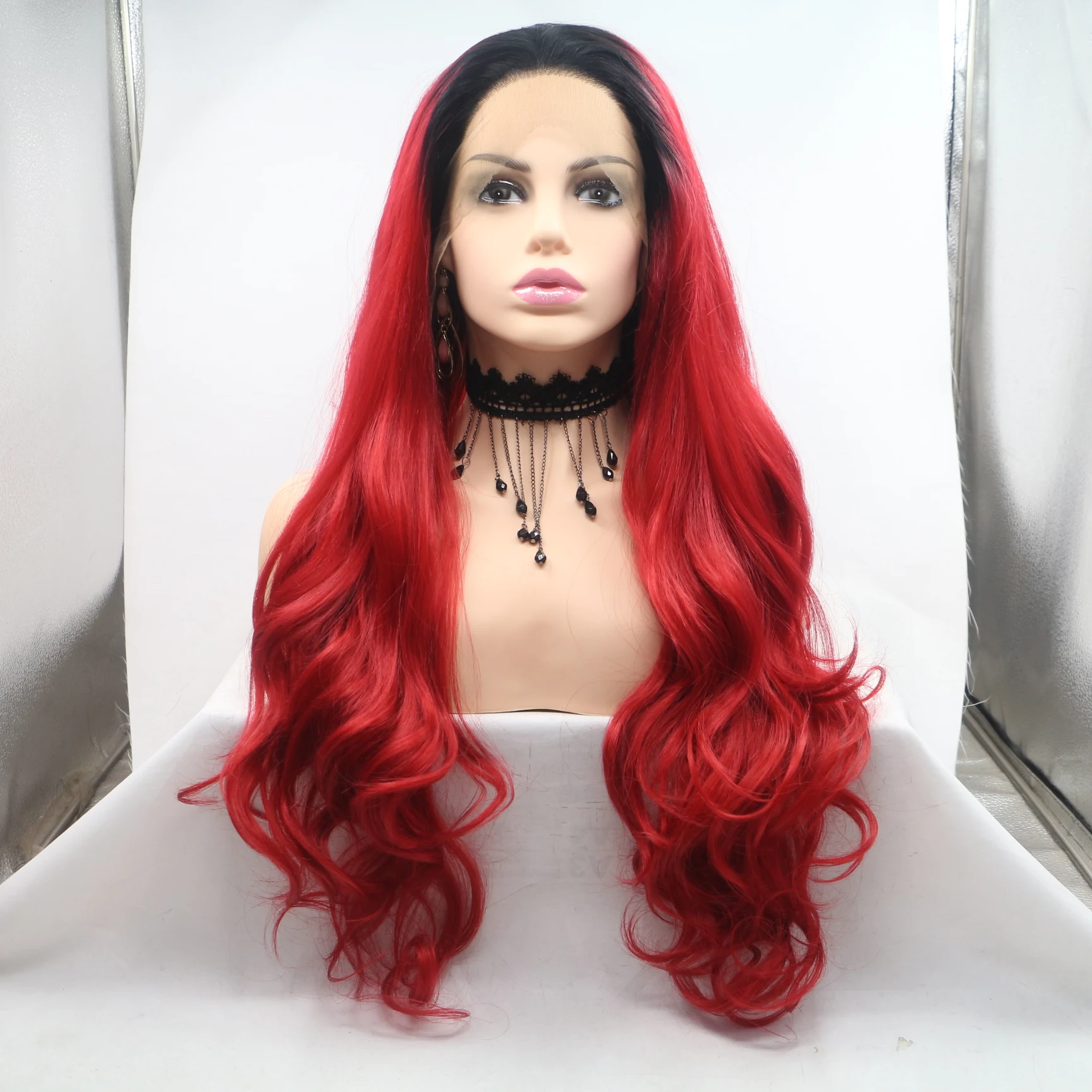 

Sylvia Long 1B# Black Ombre Red Color Heat Resistant Fiber Women Hair Soft Natural Wave Synthetic Lace Front Wigs