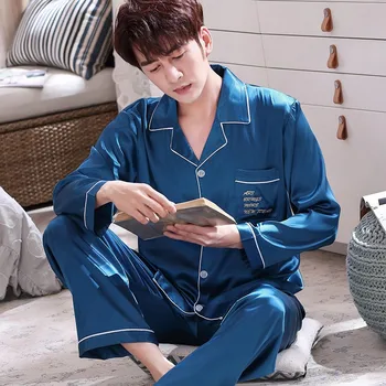 Men Satin Pajamas Set Sleepwear Long Sleeve 2PCS Shirt&Pant Silky Male Pyjamas Suit Autumn New Sleep Set Loose Home Clothes 
Men Satin Pajamas Set Sleepwear Long Sleeve 2PCS Shirt&Pant Silky Male Pyjamas Suit Autumn New Sleep Set Loose Home Clothes