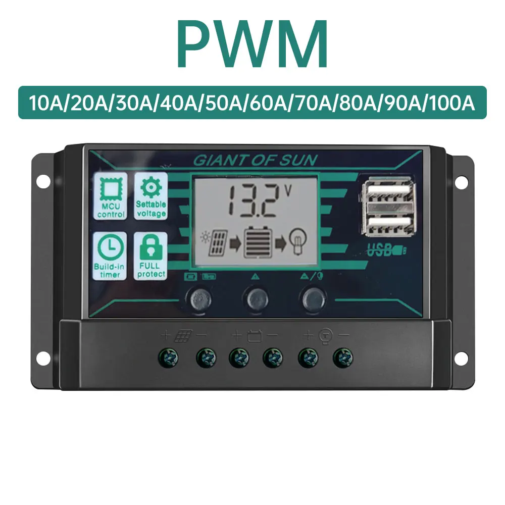 10A-100A PWM Solar Charge Controller 12V 24V Dual USB Solar Regulator with LCD PV Battery Controller Load Timer
10A-100A PWM Solar Charge Controller 12V 24V Dual USB Solar Regulator with LCD PV Battery Controller Load Timer