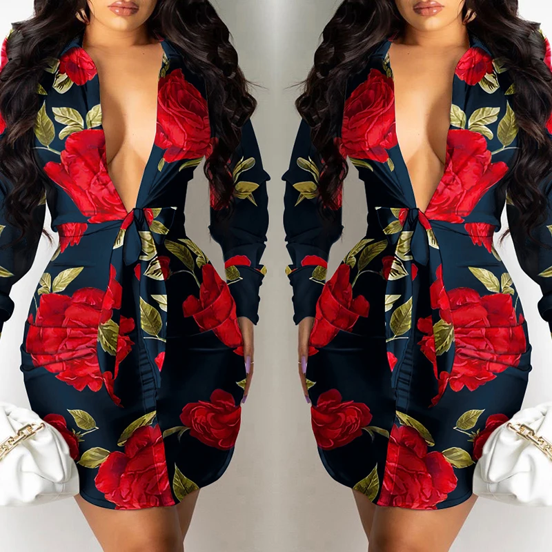 

Fashion Elegant V Neck Long Sleeve Plunging Knot Tie Floral Print Shirt Dress Women Spring Autumn Workwear Mini Dress Loungewear