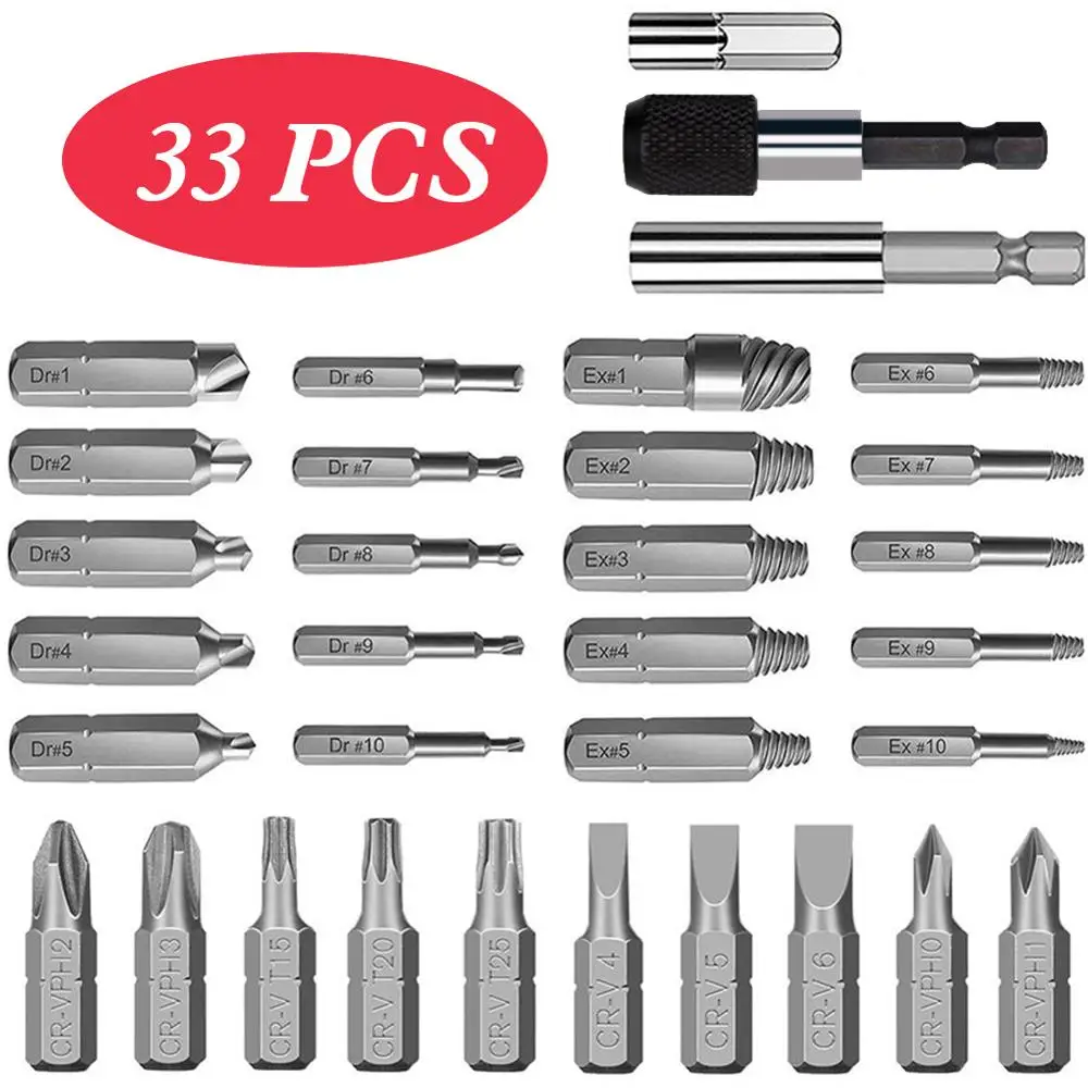 33Pcs Damaged Screw Extractor Stripped Bolt Extractor Kit with Extension Bit Holder and Socket Adapter
33Pcs Damaged Screw Extractor Stripped Bolt Extractor Kit with Extension Bit Holder and Socket Adapter