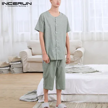 2020 Men Pajamas Sets Striped Cotton Homewear Short Sleeve Button Tops Leisure Calf-length Pants Pyjamas Sleepwear Sets INCERUN
2020 Men Pajamas Sets Striped Cotton Homewear Short Sleeve Button Tops Leisure Calf-length Pants Pyjamas Sleepwear Sets INCERUN