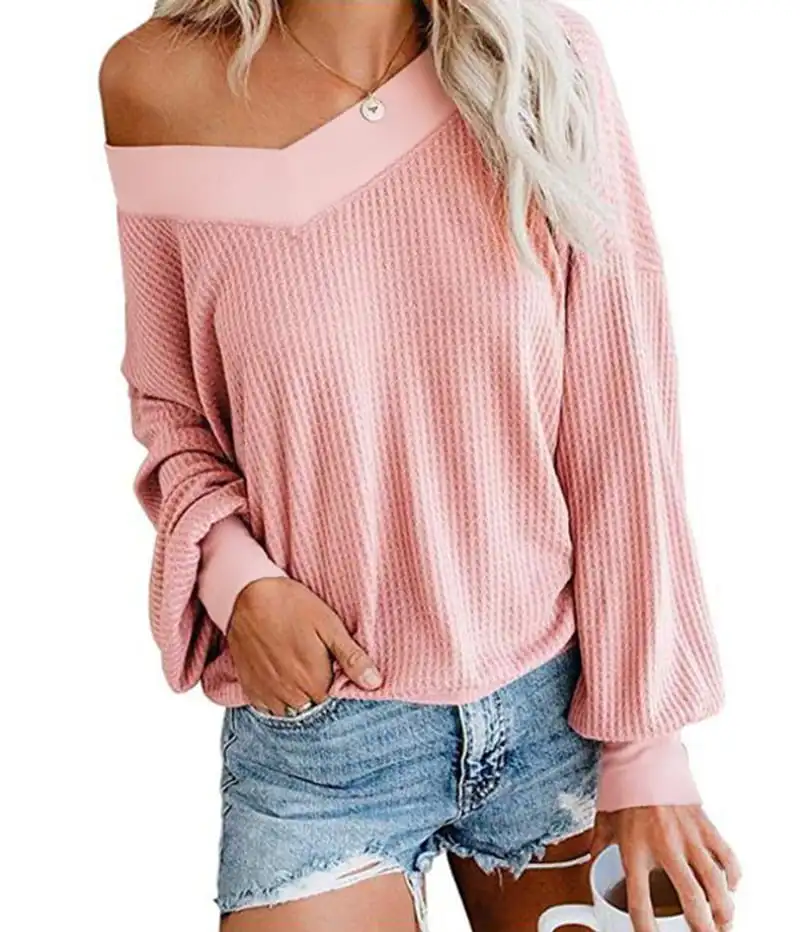 Women Long Sleeve Waffle Knit Tops Off Shoulder Pullover Sweater Top 5