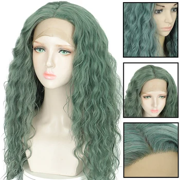 

XUANGUANG Long Cosplay Wavy Synthetic Lace Front Wig Center Parting Hair Wig High Temperature Resistance Light Green wig