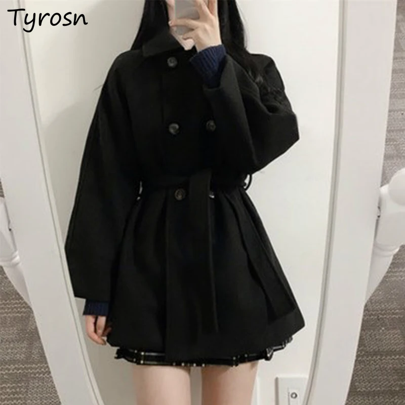 Women Wool Blends Solid Black Double Breasted Woolen Outwear Streetwear Elegant Defined Waist Turn-down Collar Korean Coats Lady 
Women Wool Blends Solid Black Double Breasted Woolen Outwear Streetwear Elegant Defined Waist Turn-down Collar Korean Coats Lady