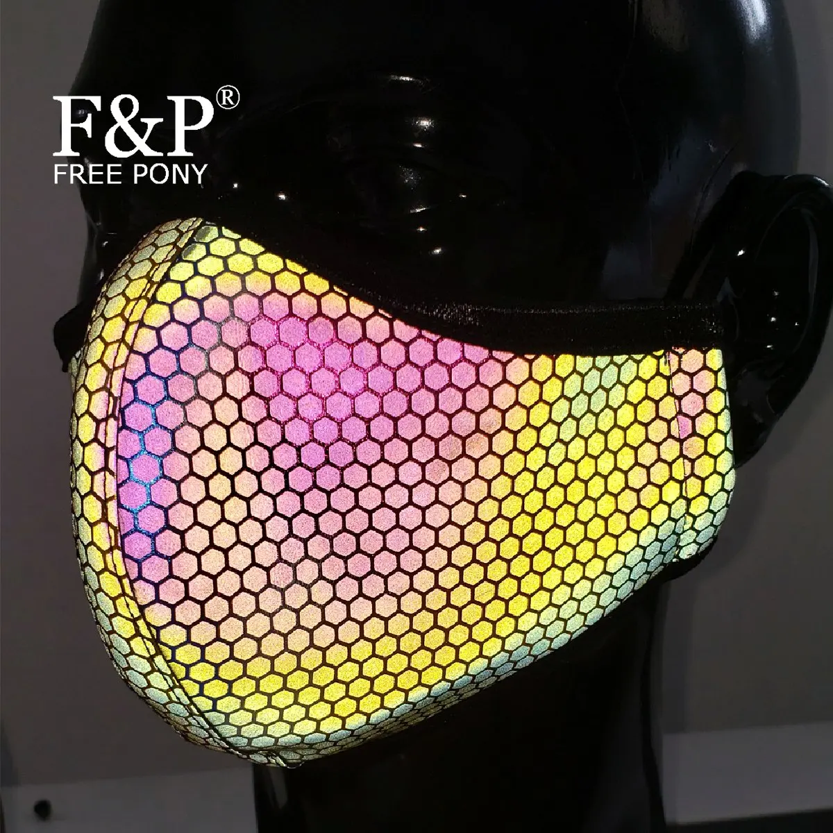 

Rainbow Reflective Geometric Print EDM Dust Mask Fux Leather Bandeau Burning Man Festival Rave Face Mask