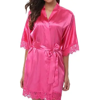 Women Sleepwear Fake Silk Robe Lace Design Vestidoes Solid Color Pajamas Dress 
Women Sleepwear Fake Silk Robe Lace Design Vestidoes Solid Color Pajamas Dress