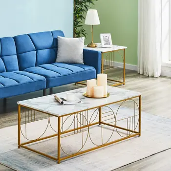 Living Room Furniture Coffee Table End Table 2 Pcs Set Marble Pattern Plate SofaSide Tea Table Home With Golden Metal Frame
Living Room Furniture Coffee Table End Table 2 Pcs Set Marble Pattern Plate SofaSide Tea Table Home With Golden Metal Frame