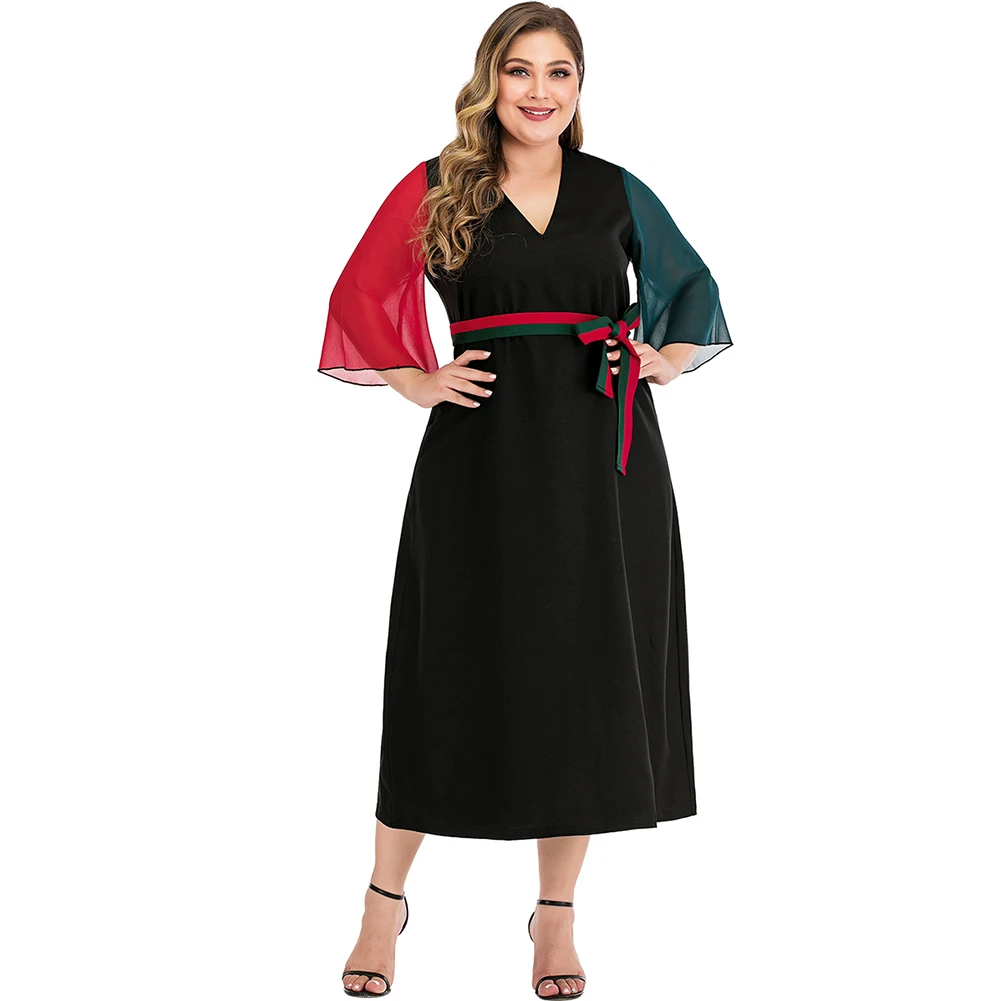 2019 Autumn chiffon Red Green Stitching Party Dress For Women Flare Sleeve Elegant Dress With Waist Tie Female Vestido Plus Size
2019 Autumn chiffon Red Green Stitching Party Dress For Women Flare Sleeve Elegant Dress With Waist Tie Female Vestido Plus Size