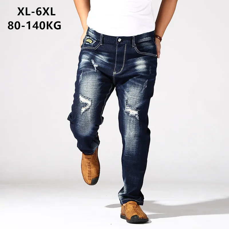 

Distressed Jeans Mens Dark Blue Trousers Men's Ripped Jean Hole Denim Elastic Oversize Big Plus Size 5XL 6XL 140KG Pant Clothes