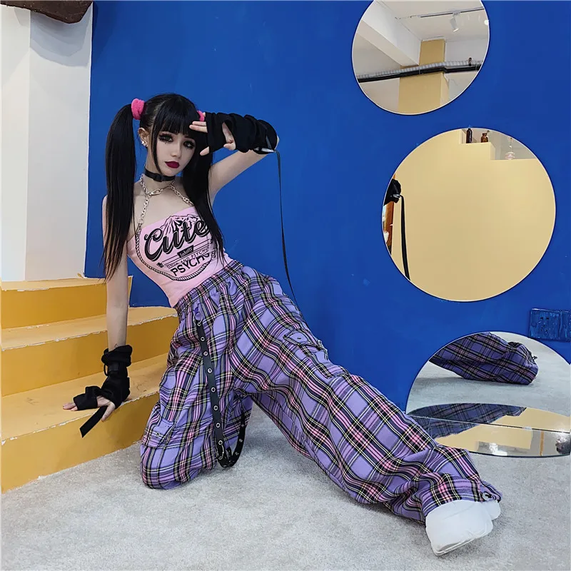 Women Streetwear Style With Pocket Chain Cargo Pants Purple Plaid JKP4785 Women Streetwear Style With Pocket Chain Cargo Pants Purple Plaid JKP4785