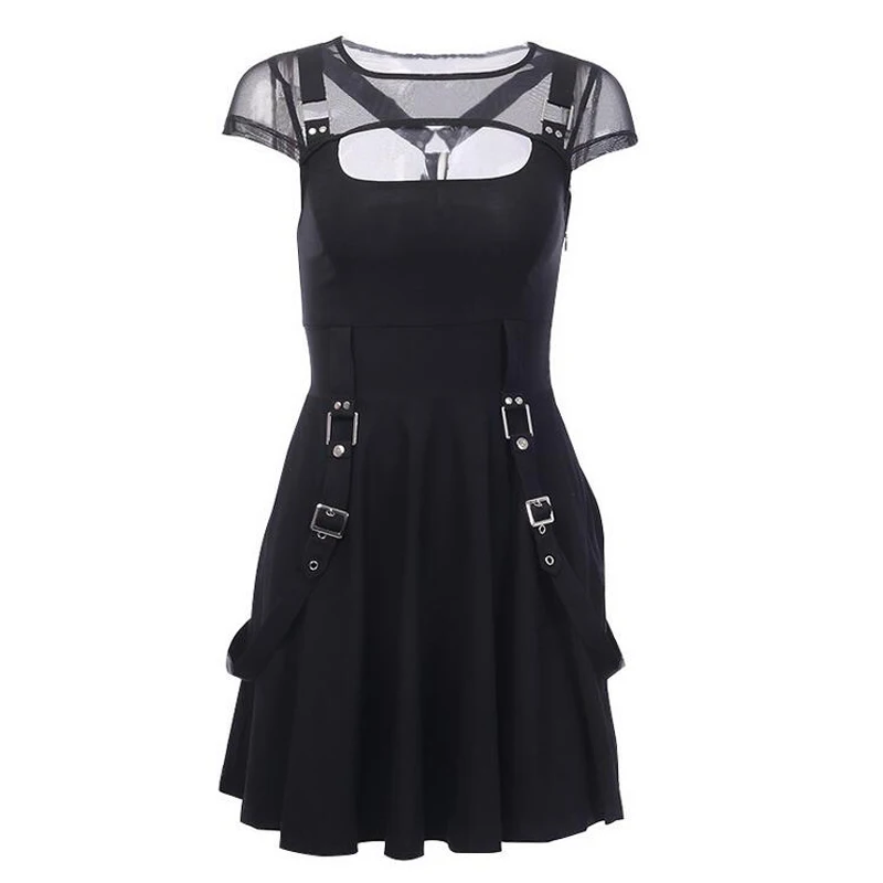 Женское винтажное платье с высокой талией черное Сетчатое платье-мини открытой