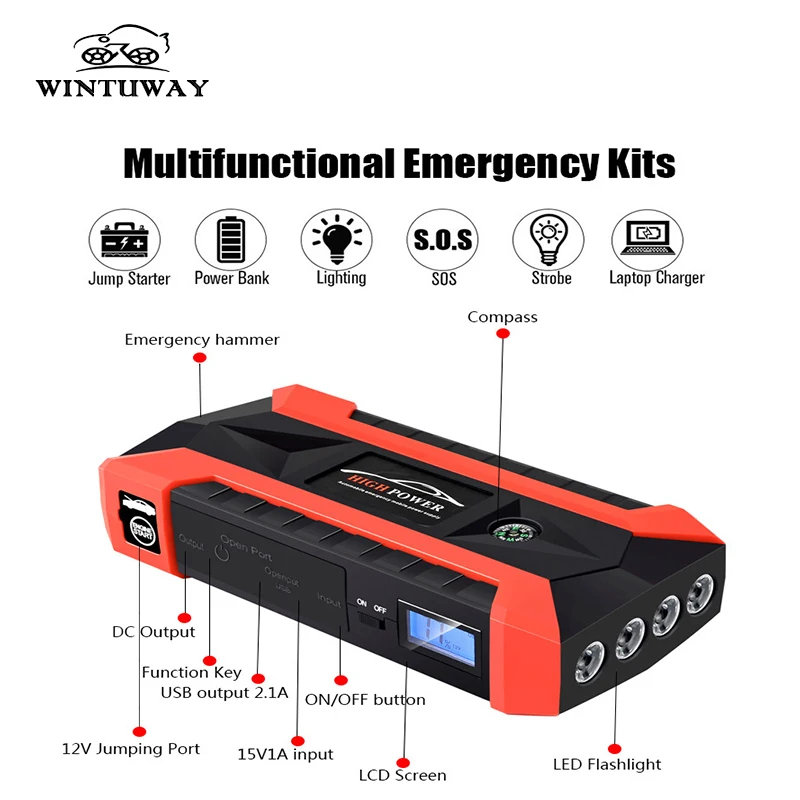 WINTUWAY Multifunction Car Jump Starter 12V 4USB 1000A Portable Car Battery Charger Emergency Starting Power Bank Tool Kit
WINTUWAY Multifunction Car Jump Starter 12V 4USB 1000A Portable Car Battery Charger Emergency Starting Power Bank Tool Kit