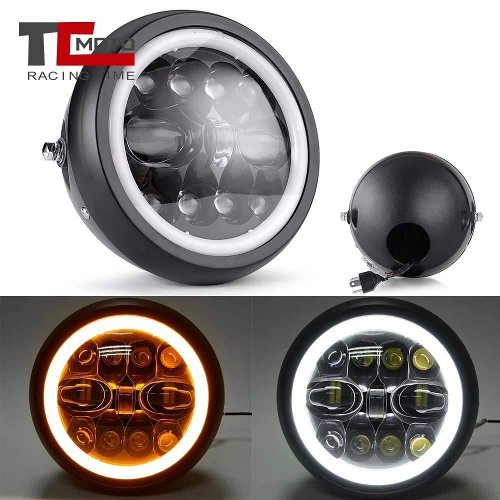 

White DRL High Low Beam Projector Led Headlight 7.5 Inch for Harley Sportster Chopper Bobber Cafer Racer Honda Yamaha Motorcycle