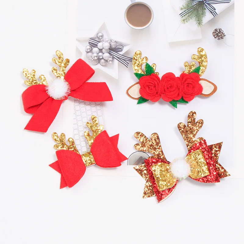 

Christmas Baby Glitter Antlers Girl Bow Hairpin Elk Flower Hair Clips Flower Colorful Barrettes Kids Headwear Bebes Accesorios