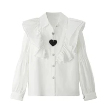 Female Spring Autumn Fashion Vintage Ruffles Puff Sleeves Blouse Women Korean Pearl Buttons Loose White Shirt Office Lady Tops 
Female Spring Autumn Fashion Vintage Ruffles Puff Sleeves Blouse Women Korean Pearl Buttons Loose White Shirt Office Lady Tops