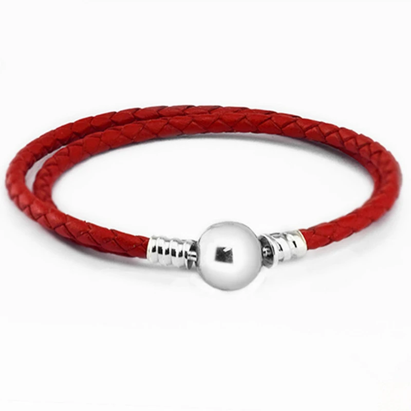 Red Moments Double Woven Leather Bracelet Round Clasp Fits Original sterling silver Charms & Beads For Woman DIY Jewelry Making |