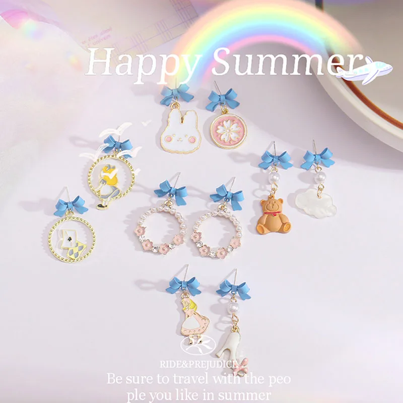 Japan And South Korea New Cute Cartoon Sweet Fresh Macaron Blue Earrings Bow Fashion Holiday Non-Pierced Ear Clip Female | Украшения и