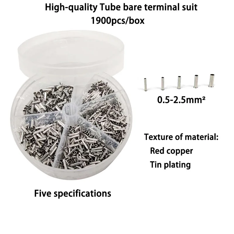 1900PCS 0.5mm²-2.5mm² Non-Insulated Wire Connector Ferrules Electrical Cable Terminal Copper Bare Tinned Crimp Terminal
1900PCS 0.5mm²-2.5mm² Non-Insulated Wire Connector Ferrules Electrical Cable Terminal Copper Bare Tinned Crimp Terminal