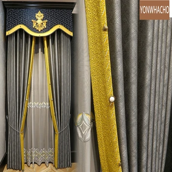 Custom curtains high quanlity luxury simple modern thick villa living room grey cloth blackout curtain valance tulle panel B953
