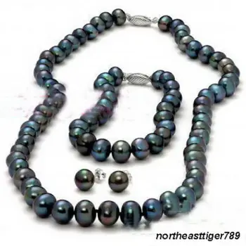 9-10mm Real Black Pearl Clasp Necklace Bracelet Earrings Set 
9-10mm Real Black Pearl Clasp Necklace Bracelet Earrings Set
