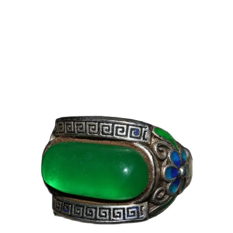 

China Folk Old Tibetan Silver Inlaid With Greenstone Jade Ring