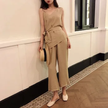 Korean Chic Two Piece Sets 2020 Summer Solid Color Linen Sleeveless Female Tops And Wide Legs Pants Causal Women Sets 2PCS
Korean Chic Two Piece Sets 2020 Summer Solid Color Linen Sleeveless Female Tops And Wide Legs Pants Causal Women Sets 2PCS