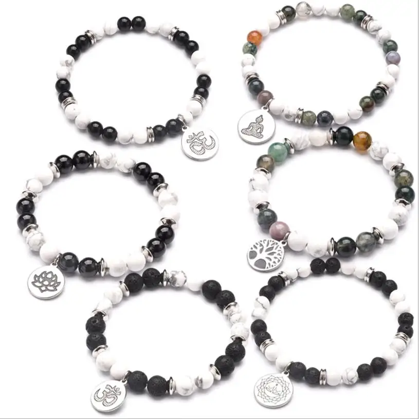 Stainless Spacer 8mm Colourful Natural Stone Beads Bracelets Tree of Life Yoga Charms Bracelet for Women Men Strench Jewelry | Украшения и