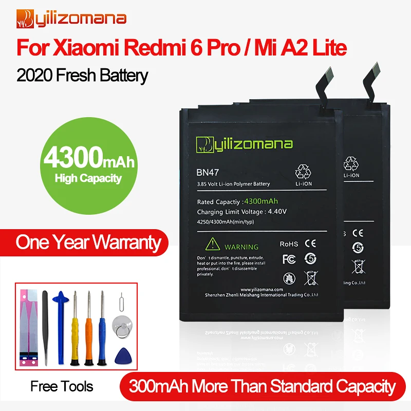 YILIZOMANA High Capacity BN47 Original Phone Battery for Xiaomi Redmi 6 Pro / Mi A2 Lite Replacement Batteries Tools 4300mAh
YILIZOMANA High Capacity BN47 Original Phone Battery for Xiaomi Redmi 6 Pro / Mi A2 Lite Replacement Batteries Tools 4300mAh