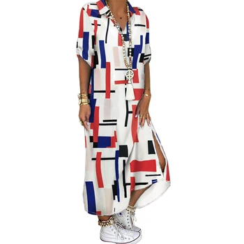 Classic Women's V-neck Shirt Long Dress, Short Sleeve Open Fork Hem Split Skirt, Stylish And Casual Loose Dress 
Classic Women's V-neck Shirt Long Dress, Short Sleeve Open Fork Hem Split Skirt, Stylish And Casual Loose Dress