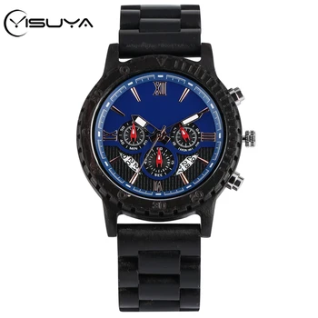 

YISUYA Royal Ebony Wood Quartz Movement Men's Watches Calendar Chronograph Function Full Wooden Bangle Male Blue Dial Wristwatch