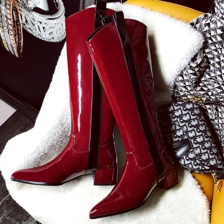 Runway Black Red Patent Leather Knee High Boots Women Pointed Toe Slip On Zapatos De Mujer Square Heels Womens Shoes Botas Mujer
Runway Black Red Patent Leather Knee High Boots Women Pointed Toe Slip On Zapatos De Mujer Square Heels Womens Shoes Botas Mujer