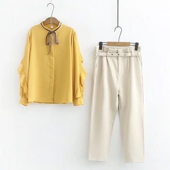 Women 2 Pieces Sets Ruffles Lace Up Bow Tie Chiffon Shirt and Paper Bag Waist Long Pants Sets Spring New Outfits Plus Size 4XL
Women 2 Pieces Sets Ruffles Lace Up Bow Tie Chiffon Shirt and Paper Bag Waist Long Pants Sets Spring New Outfits Plus Size 4XL