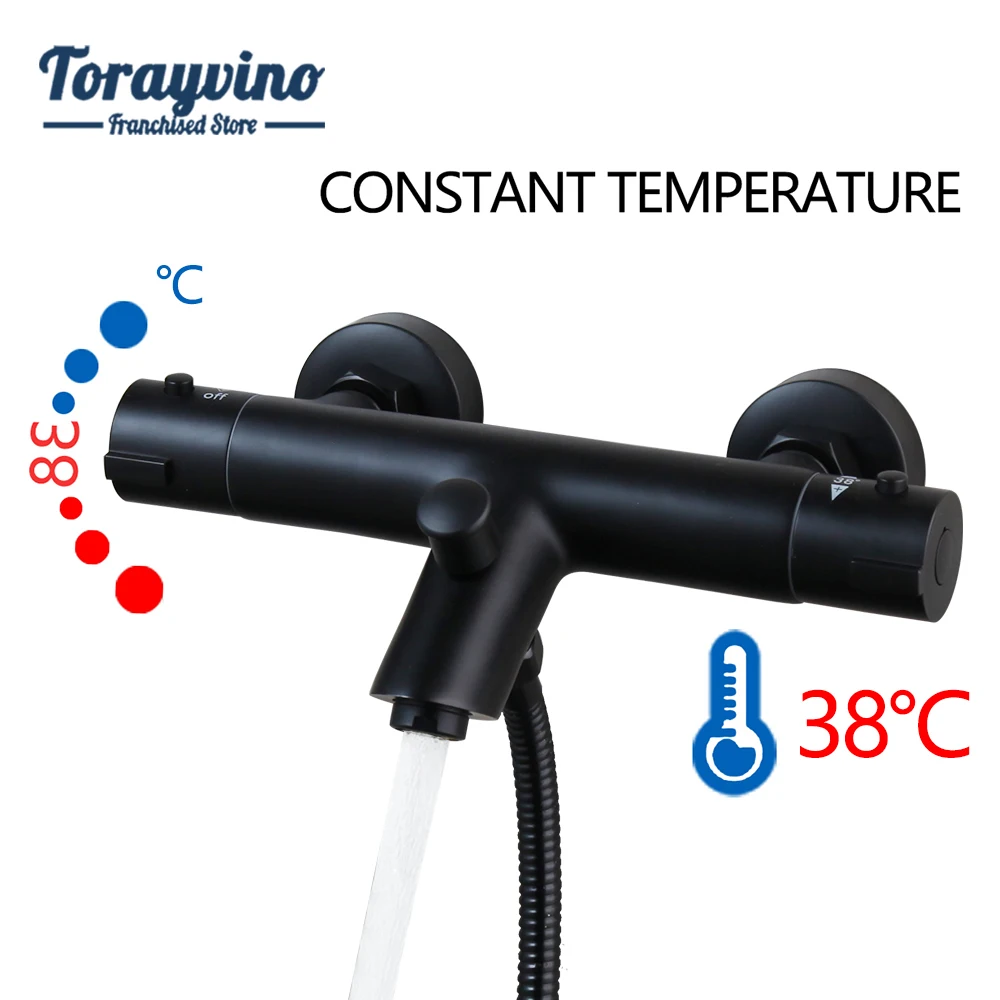 

Torayvino Thermostat 2 Way Black Finished Brass Mixer Faucets Bathroom Wall Mounted Double Hole Double Outlet Shower Set Tap