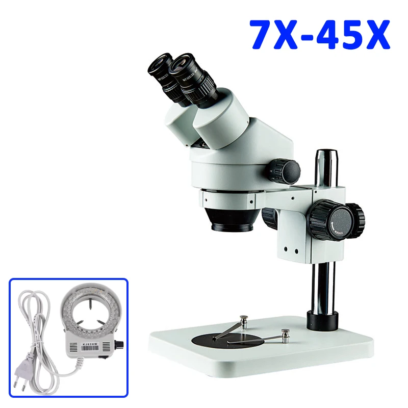 

Binocular electronic Zoom Stereo Microscope 7X-45X Magnification WF10x Eyepiece 0.7X-4.5X Zoom Objective with Pillar