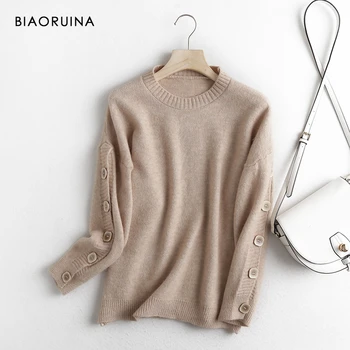 BIAORUINA Women's Pure Color Autumn Winter Sleeve Buttons Korean Style Knitted Pullover Elegant All-match Loose Sweater 
BIAORUINA Women's Pure Color Autumn Winter Sleeve Buttons Korean Style Knitted Pullover Elegant All-match Loose Sweater