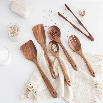 

Wooden Kitchen Utensil Set (7 Pc), Wooden Spoons and Spatulas for Cooking, Smooth Teak Wooden Utensils, Holder,and Tongs