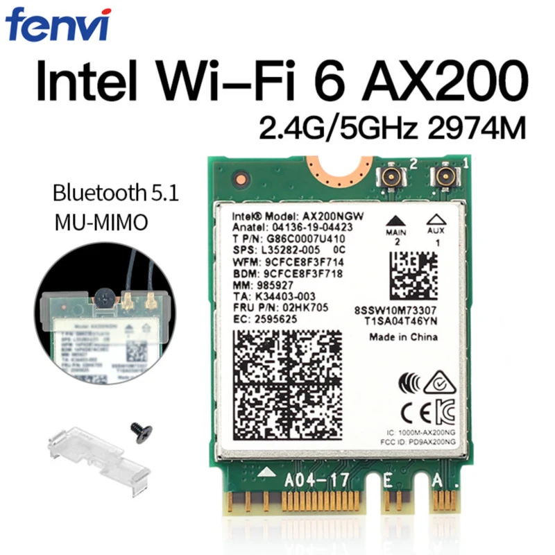 Dual Band Wireless M.2 Wifi6 Intel AX200 2974Mbps Bluetooth 5.1 802.11ax MU-MIMO NGFF Laptop WiFi Card AX200NGW Windows 10
Dual Band Wireless M.2 Wifi6 Intel AX200 2974Mbps Bluetooth 5.1 802.11ax MU-MIMO NGFF Laptop WiFi Card AX200NGW Windows 10