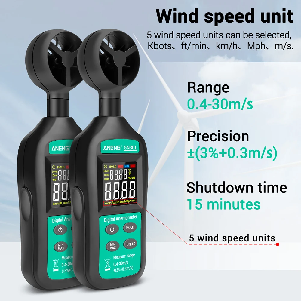 Digital Anemometer Handheld Wind Speed Meter BT-100 for Measuring Wind Speed, Temperature and Wind Chill with Backlight LCD
Digital Anemometer Handheld Wind Speed Meter BT-100 for Measuring Wind Speed, Temperature and Wind Chill with Backlight LCD