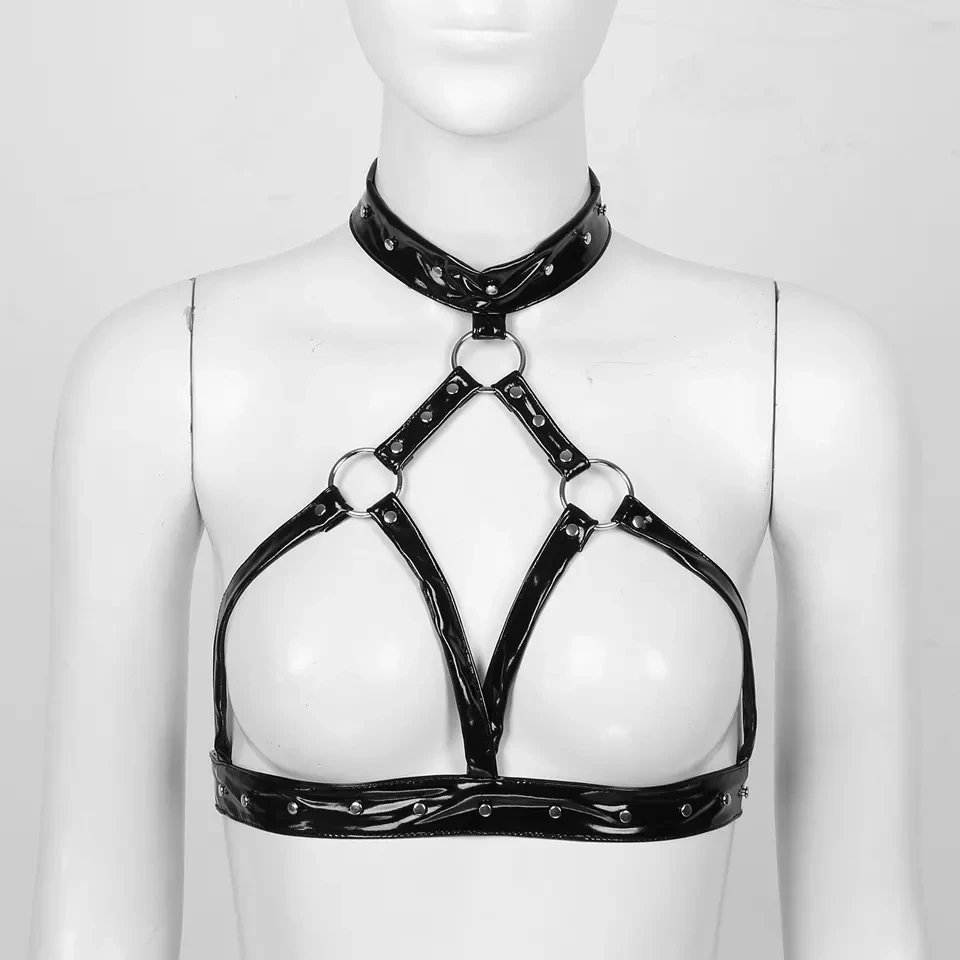 

Women Sexy Shiny Leather Bra Hollow Out Erotic Porn Breast Exposed Glossy Wetlook Latex Tops Adjustable Halter Neck Metal Rivets