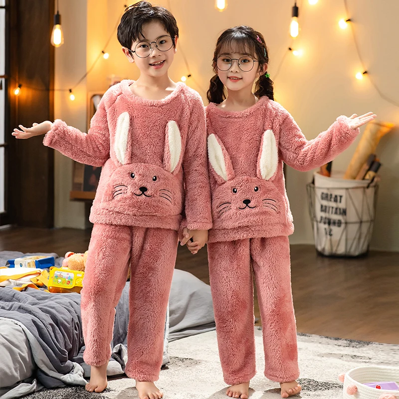 

Plush Winter Children Fleece Pajamas Warm Flannel Sleepwear Girls Loungewear Coral rabbit Kids pijamas Homewear Boys Pyjama