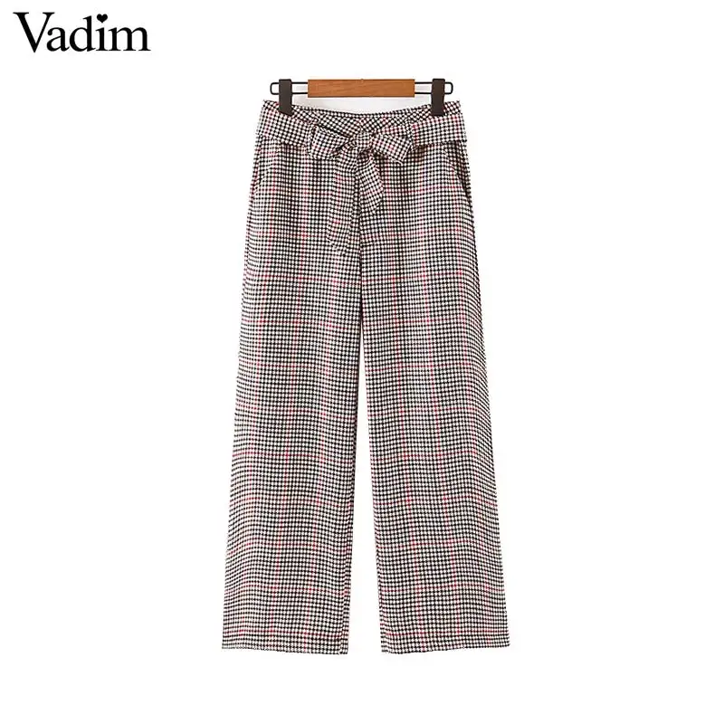 

Vadim women retro plaid houndstooth wide leg pants bow tie sashes paperbag waist pockets zipper fly vintage trousers KB111