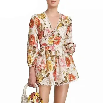 

Bohemia Floral Printed Patchwork Lace Trims Jumpsuits 2020 Summer Women Sexy V-neck Lantern Sleeve Holiday Beach Romper Playsuit