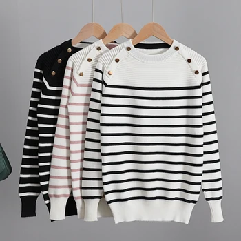 Euro Style Women Striped Sweater Autumn Winter Crewneck Pullovers Top Button Decorate Knitted Female Jumper Pull Femme
Euro Style Women Striped Sweater Autumn Winter Crewneck Pullovers Top Button Decorate Knitted Female Jumper Pull Femme
