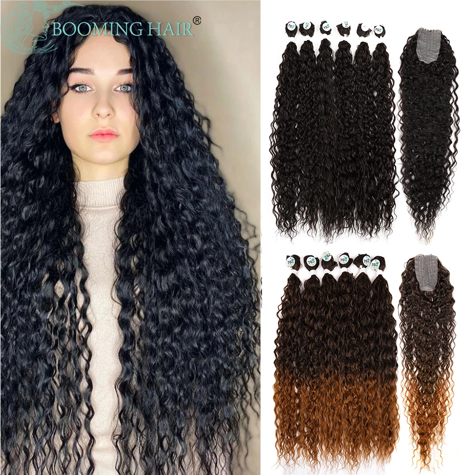 

Synthetic Deep Wave Hair Bundles With Closure 7Pcs/Set Full Head 28inch 70cm Long Ombre Blonde Extensions High Temperature Fiber
