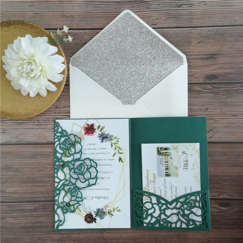 Rustic fall wedding invitation set green rose laser pocket fold invites glitter silver gold backing envelop
Rustic fall wedding invitation set green rose laser pocket fold invites glitter silver gold backing envelop
