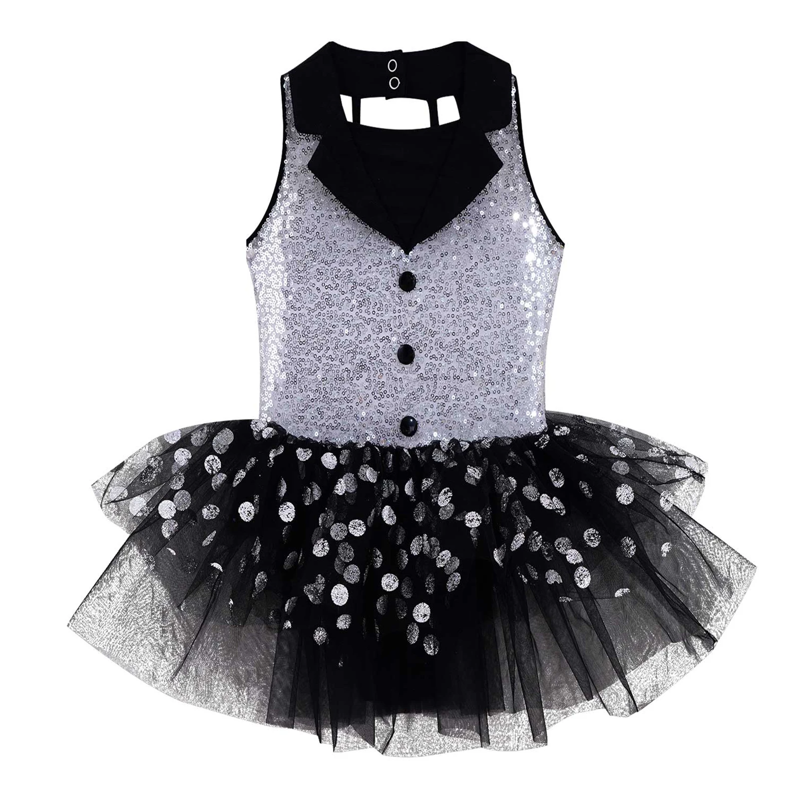 

Kids Shiny Gymnastics Ballet Leotard Dress Latin Dance Costumes Hollow Back Sequins Decor Polka Dots Print Lyrical Ballet Tutu