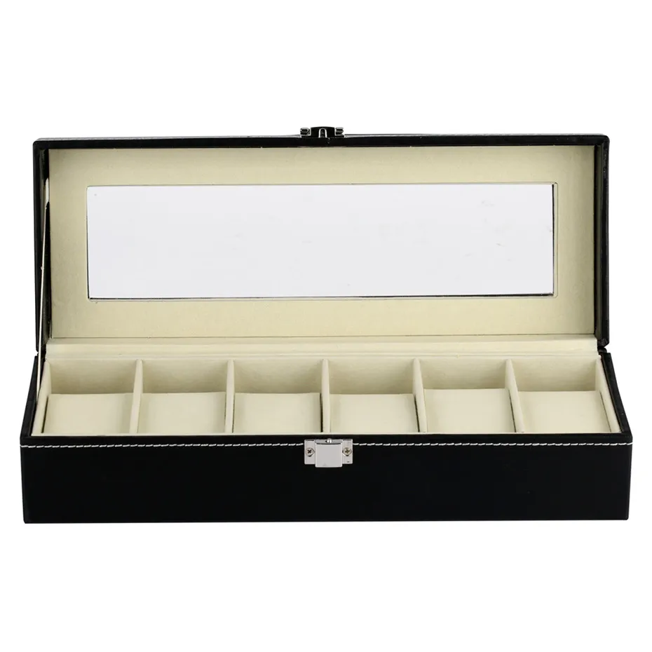 black leather wooden watch box 6 grids organizer storage boxes