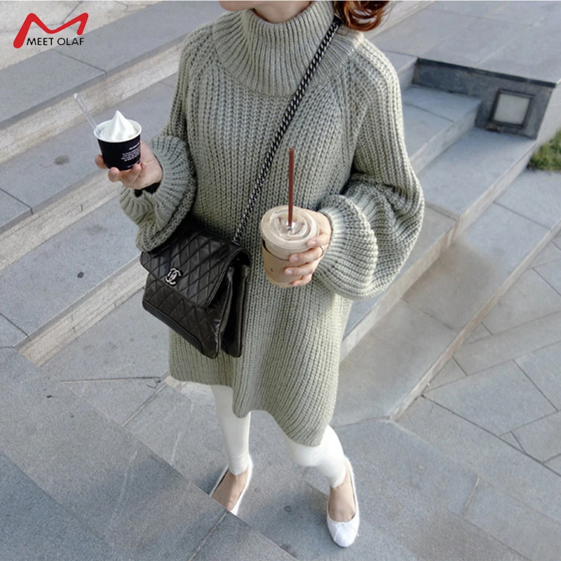 2019 New autumn Winter Women Thick Pullover Lazy Loose Oversize Sweater Long Sleeve Dress Side Slit Half Turtleneck CA3247 | Женская