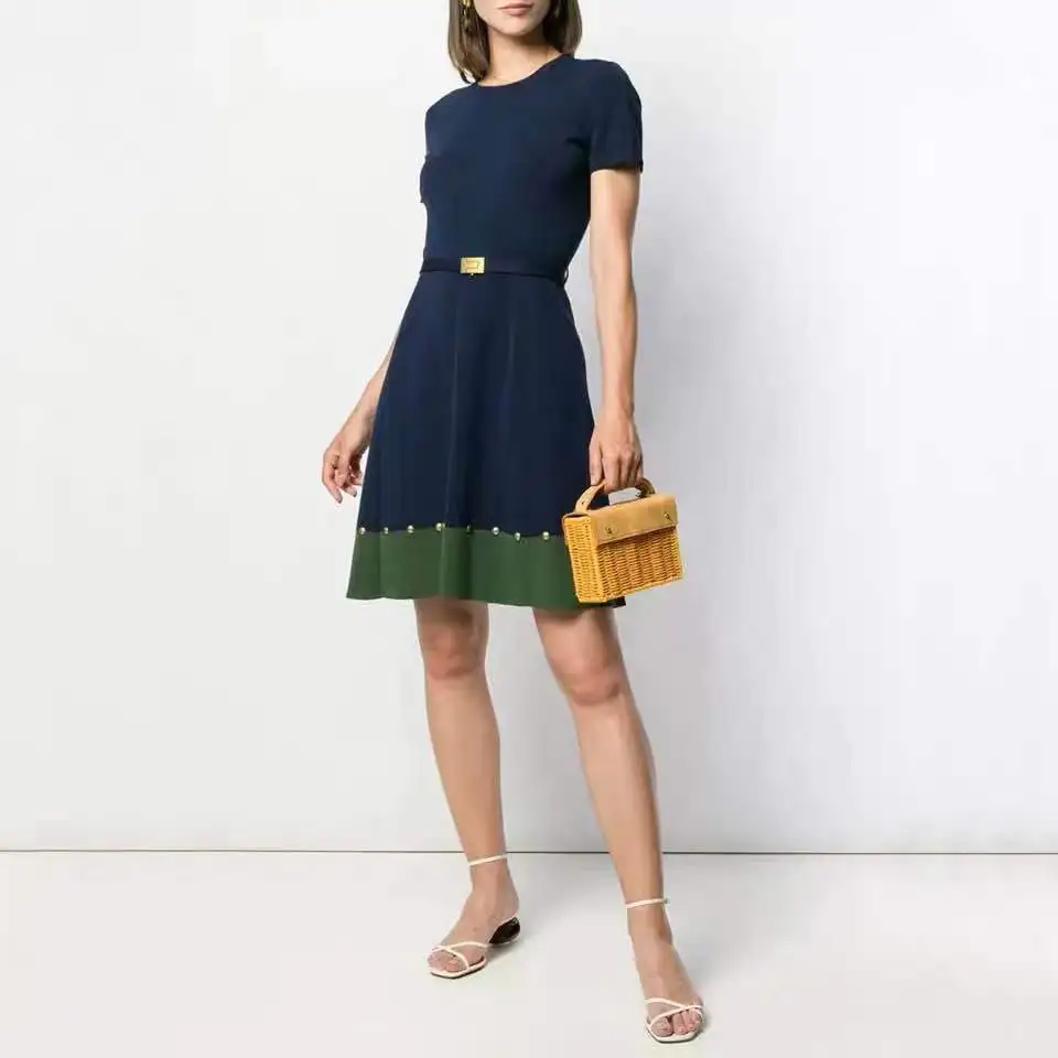 Women Dress 2019 New Women's Round Collar Contrast Short Sleeve Umbrella Slim Knit Belt Dress
Women Dress 2019 New Women's Round Collar Contrast Short Sleeve Umbrella Slim Knit Belt Dress